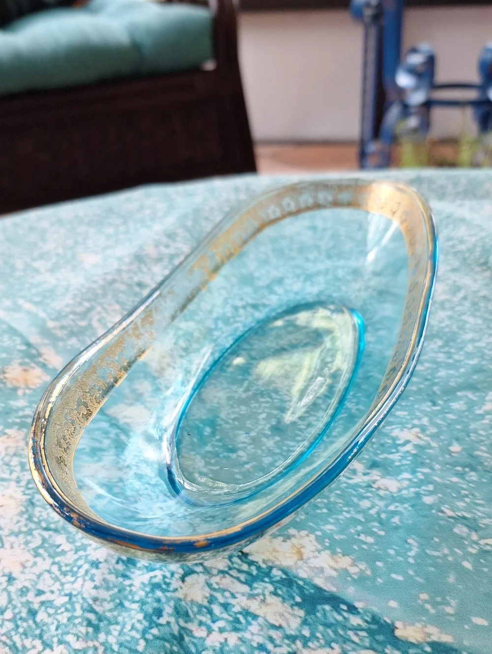 Vintage Blue Glass Bowl with Gold Trim